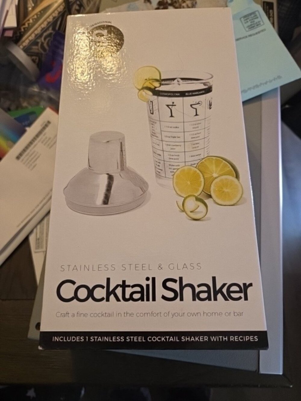 Silver One International NEW Cocktail Shaker w/Recipe Book Stainless Steel/Glass